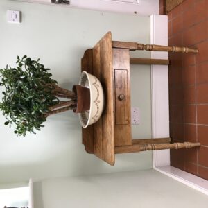 Antique pine side table with single frieze drawer - 19th Century - front view with plant